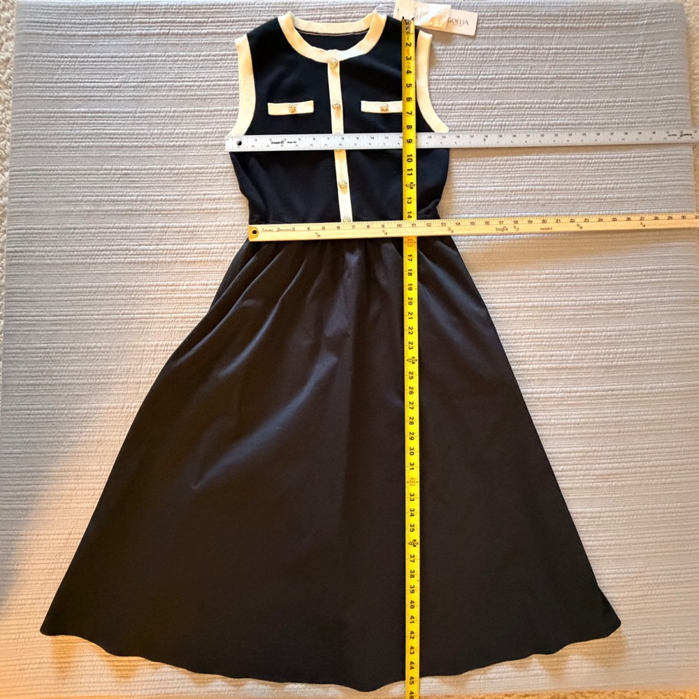 NWT Goelia Women's Black Knit Mixed Media Midi Dress Gold Buttons Sleeveless  S - Picture 7 of 11